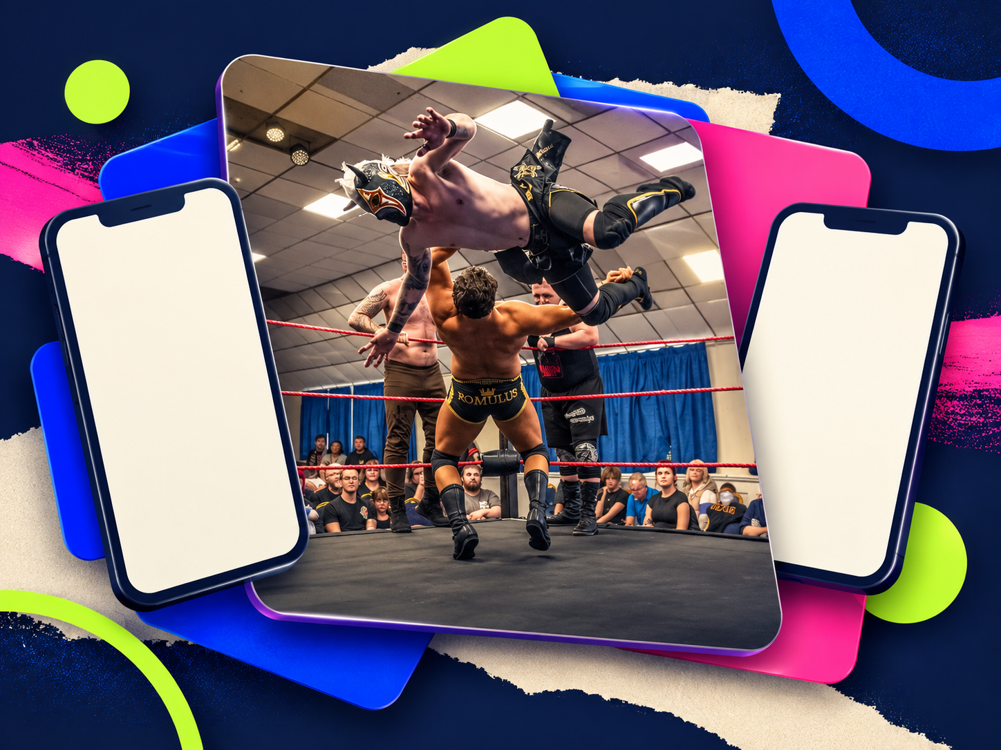 Independent wrestlers in action, framed by colourful profile screens